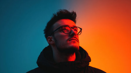 A stylish young man wearing black glasses stands confidently against a colorful gradient backdrop, showcasing a minimalist aesthetic.の素材