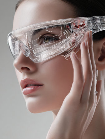 Robot fashion model displays innovative transparent glasses in a stylish, futuristic environment meant for advertising purposes.の素材