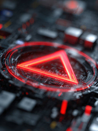 A glowing red triangle symbol stands out on a sleek, futuristic interface, indicating an urgent warning about a critical error in the system.の素材