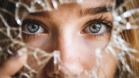 A cracked mirror captures a distorted face, highlighting feelings of insecurity and low self-esteem in a profound and intimate experience.の素材