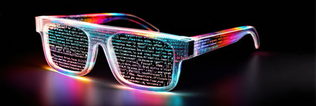 A virtual assistant hologram appears through smart glasses, showcasing a neon aesthetic in a high-tech environment with interactive text.の素材