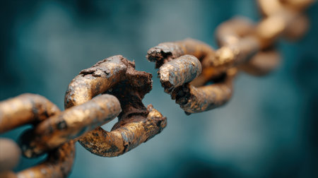 Close-up of a broken chain link highlights failure and weakness, showcasing rust and corrosion against a blurred background.の素材