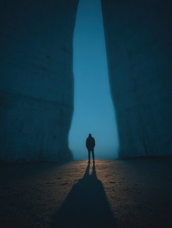 A figure stands alone in front of towering cliffs, creating a scene of fear and inner struggle under a mysterious blue light.の素材