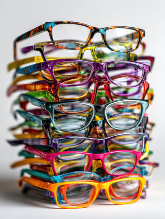 A bright and lively assortment of eyeglass frames stacked high on a clean white surface, showing various colors and styles.の素材