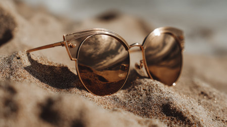 Stylish sunglasses sit on the warm sand, reflecting the ocean, creating a serene summer scene ideal for relaxation and enjoyment.の素材
