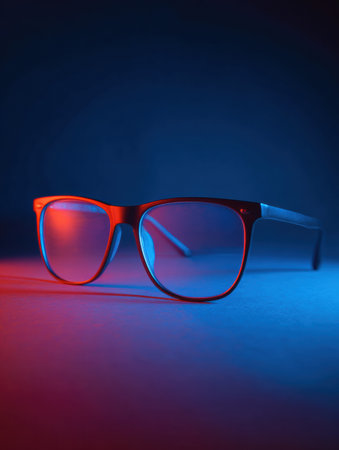 Stylish glasses with anti-blue-light lenses glow softly against a vibrant tech background, showcasing modern eyewear for digital use.の素材
