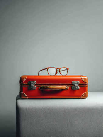 Glasses are placed neatly on the handle of a bright suitcase, suggesting a journey or travel plans in a clean environment.の素材