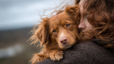 A person embraces their beloved dog with strong emotions under warm, golden hour light in a serene outdoor setting.の素材