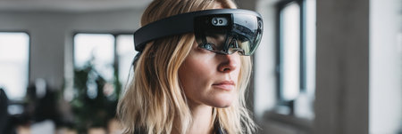 A woman uses augmented reality glasses in a bright, modern office setting, exploring new digital experiences and possibilities.の素材