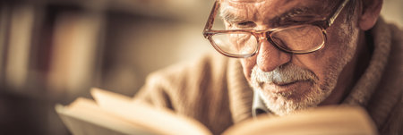 An elderly man reads a book through glasses, deeply focused, in a cozy setting with warm tones, creating a peaceful atmosphere.の素材