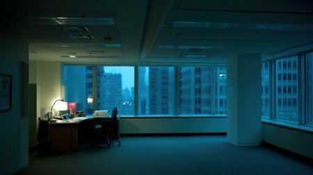 An empty office space is dimly lit by a single desk lamp, showing the solitude and lingering work commitments after hours.の素材