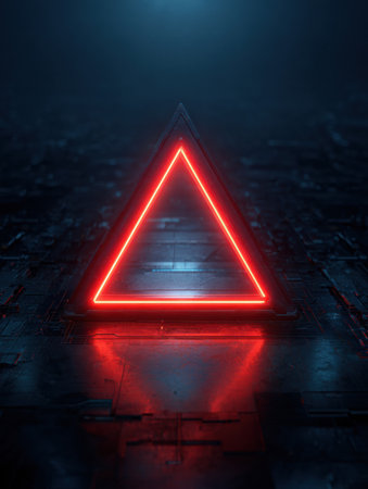 A bright red triangle glows on a dark, futuristic interface, signaling a critical warning and error alert in a digital context.の素材