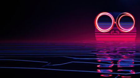 A robot face with large reflective lenses showcases a neon skyline in a vibrant cyber style, creating a striking and immersive scene.の素材