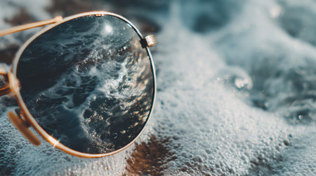 Close-up of sunglasses shows clear reflections of ocean waves crashing against the shore, capturing the essence of a summer beach day.の素材