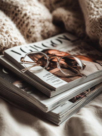 A stack of fashion magazines rests on a soft surface, topped with stylish glasses, creating a warm and inviting atmosphere perfect for relaxation.の素材