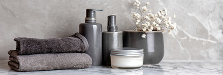 Skincare products for men placed neatly on a marble counter with muted colors, highlighting a modern and clean design style.の素材