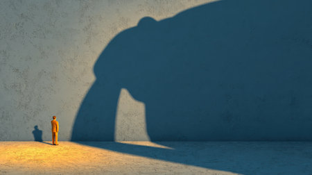 A male figure stands alone, covering his face as a massive shadow approaches, conveying a sense of fear and anxiety about the unknown.の素材