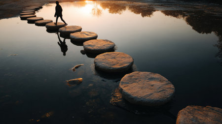 A person walks carefully over large stones in a river, with the sun setting in the background, symbolizing the challenge of problem-solving.の素材