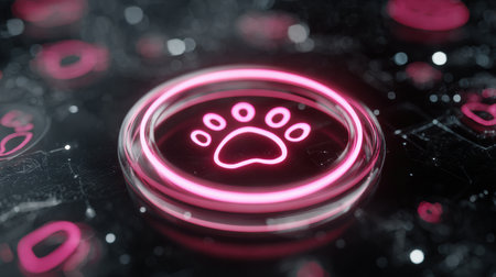 Visual shows a glowing paw icon representing a smart pet collar app, set against a digital background showcasing pet technology for animalsの素材