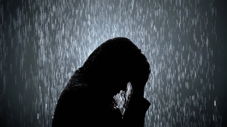 A silhouette stands under heavy rain, embodying the deep struggle of washing away guilt and seeking emotional cleansing during the night.の素材