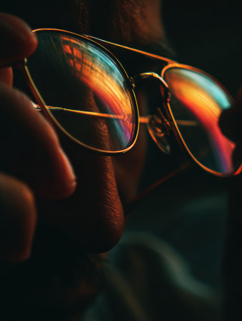 Hands are seen polishing glasses lens while colorful reflections shine under bright light, highlighting fine details and textures.の素材