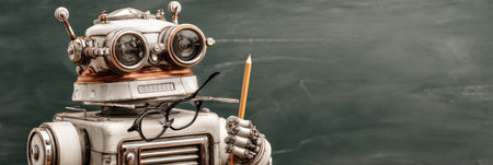 Robot instructor stands in a classroom holding glasses and a pencil against a green chalkboard, showcasing a unique teaching environment.の素材