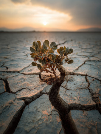 A small plant breaks through cracked, dry ground during sunset, symbolizing strength and perseverance in a challenging environment.の素材