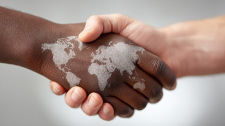 Two business partners from different backgrounds engage in a handshake, symbolizing unity and collaboration for global success.の素材