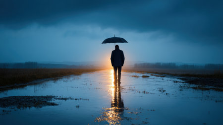 A man stands in the rain without an umbrella, symbolizing loneliness and personal struggles as twilight casts a serene glow on the wet ground.の素材