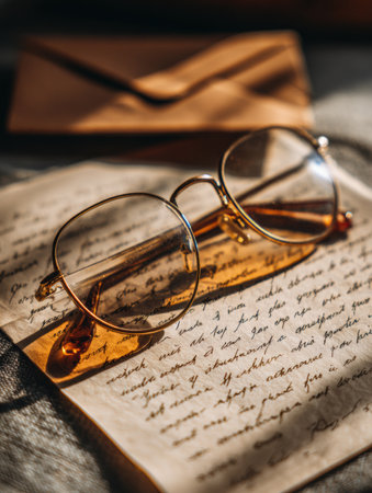 Warm light highlights glasses on top of a handwritten letter, evoking a sense of nostalgia and personal connection to the past.の素材