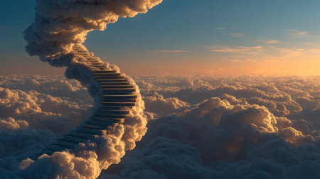 A staircase rises from fluffy clouds, representing a journey towards clarity and progress under surreal sunset lighting, inviting exploration.の素材