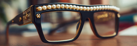 Elegant glasses featuring a pearl chain and gold accents are showcased on a wooden table surrounded by books, highlighting their luxury appeal.の素材