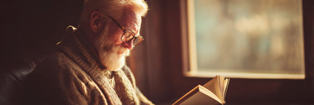 An elderly man, dressed warmly, reads a book through his glasses while sitting by a window. The sunlight creates a cozy atmosphere.の素材