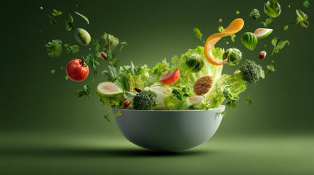 Fresh vegetables and herbs hover above a salad bowl, showing a vibrant mix of colors and textures in a bright kitchen environment.の素材