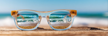 Sunglasses display clear reflections of ocean waves and sandy shore, inviting a feeling of relaxation on a bright sunny day.の素材