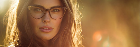 A woman wearing cat-eye glasses stands outdoors while sunlight flares around her, creating a warm and lively atmosphere.の素材