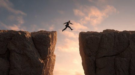 A businessman leaps bravely over a wide gap between rocky cliffs, symbolizing determination and success during a colorful sunset.の素材