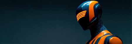 In a dark studio, a robot programmer engages with a glowing AR visor, enhancing their focus on programming tasks for advanced robotics.の素材