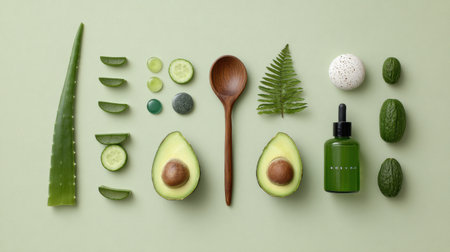 Fresh natural beauty ingredients like aloe, avocado, and cucumber are artfully displayed in a calming minimalist spa settingの素材