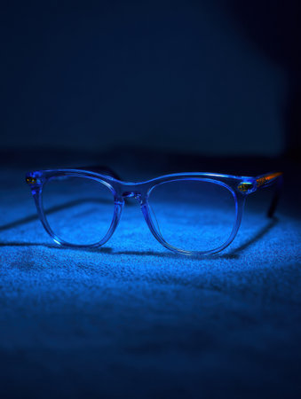 Anti-blue-light glasses emit a soft glow against a dark tech-themed backdrop, highlighting their contemporary design for digital use.の素材