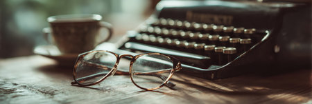 A vintage typewriter sits beside a pair of glasses and a cup, showing a cozy writing environment with soft, inviting tones.の素材