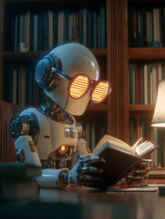 A robot librarian sits in a warm-toned library, adjusting its glasses as it reads a holographic display, surrounded by books.の素材