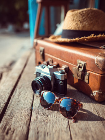 Sunglasses and a camera rest on a wooden table, evoking a travel mood with a vintage suitcase nearby on a sunny day.の素材