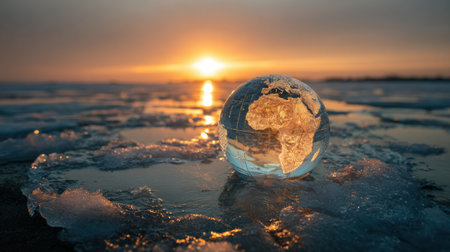 A globe made of ice reflects the sun as it melts, symbolizing the urgent climate issues and global warming affecting Earth.の素材