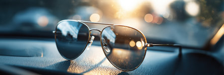 Sunglasses sit on a car dashboard, capturing sunlight while soft bokeh effects enhance the warm ambiance of late afternoon.の素材