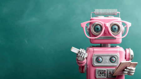 A colorful robot teacher with glasses stands in front of a chalkboard, ready to teach while holding chalk and a notebook in a vibrant classroom.の素材