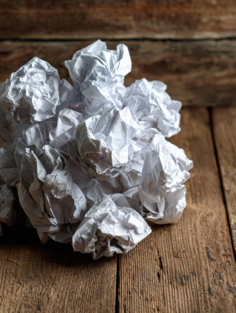 Crumpled papers are scattered on a wooden table, reflecting the frustration of creative block and challenges in problem solving.の素材