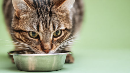 A cat is contently eating from a polished metal bowl, surrounded by a soft pastel backdrop, making for a charming pet dining scene.の素材