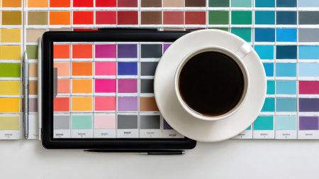 A clean and organized designer workspace displays a tablet with a color palette, a cup of coffee, and ample empty space for creativity.の素材