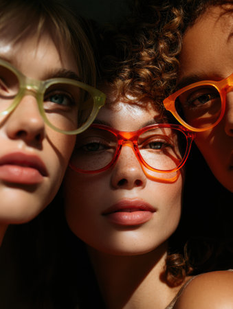 A group of diverse models is showcasing stylish, colorful glasses in a brightly lit studio, highlighting unique designs and expressions.の素材